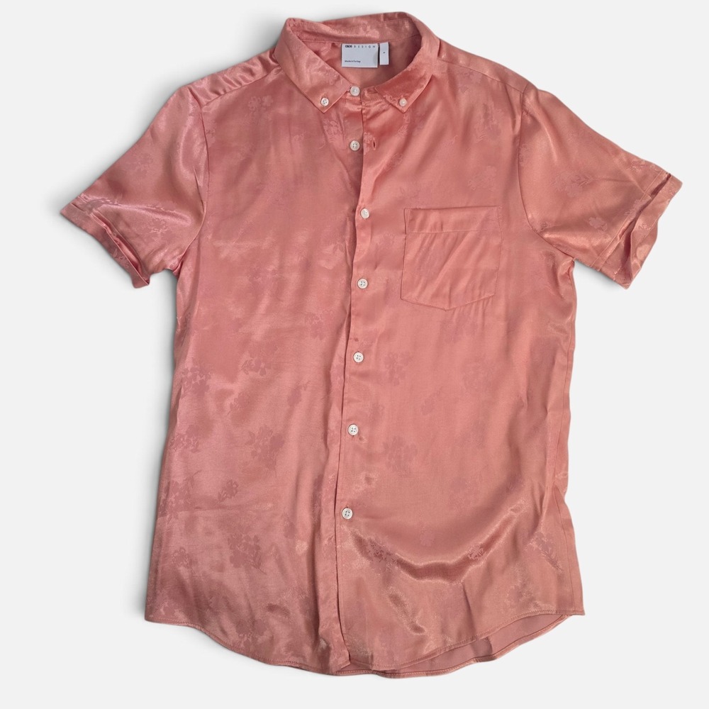ASOS DESIGN Men's Coral Pink Button Down Floral Jacquard Satin Shirt Small